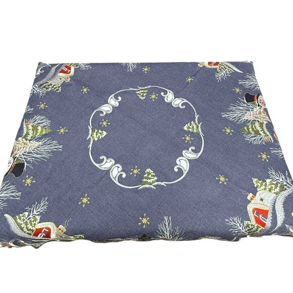 Christmas Tablecloth Holiday Snowmen Blue 32" Square Topper Embroidered - Picture 4 of 9